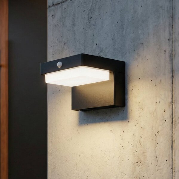 Lindby LED solární nástěnné svítidlo Eleazar, černé, senzor, stmívatelné, Černá, Hliník, Moderní