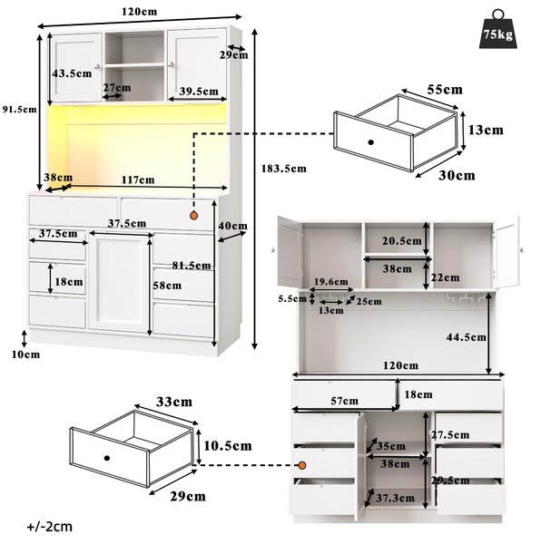 Kuchyňská skříň s LED osvětlením, rozměry 120x40x183,5 cm, bílá barva, 8 zásuvek a nastavitelné police z MDF a kovu