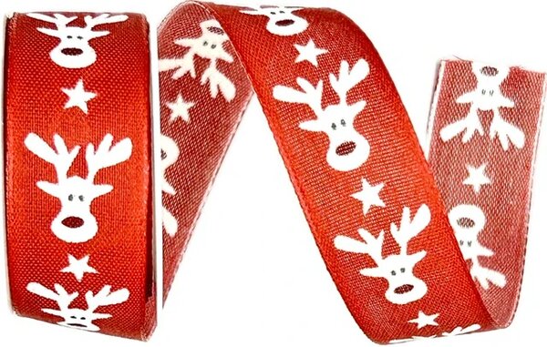 Vánoční stuha HAPPY REINDEER červená 25mm x 3m (12,-Kč/m)