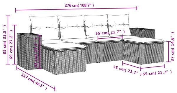 6dílná zahradní sedací souprava s poduškami černá polyratan 3255253