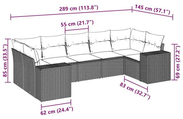 7dílná zahradní sedací souprava a podušky světle šedá polyratan 3255329