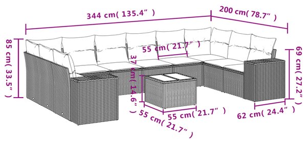 11dílný zahradní sedací souprava s poduškami béžový polyratan 3255416