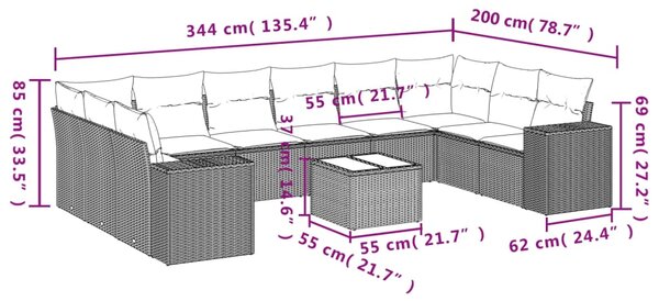 11dílná zahradní sedací souprava s poduškami šedá polyratan 3255419
