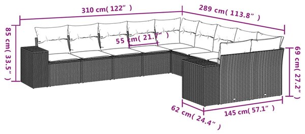 10dílná zahradní sedací souprava s poduškami černá polyratan 3255442
