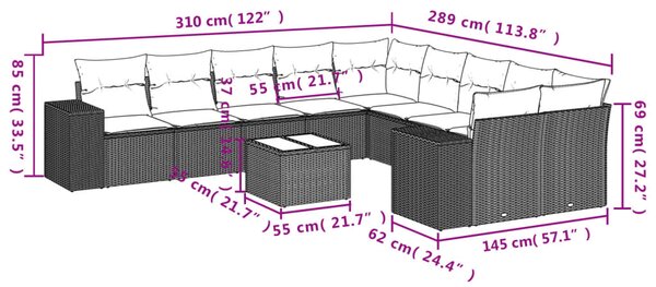 11dílná zahradní sedací souprava s poduškami černá polyratan 3255452