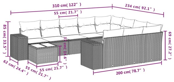 11dílný zahradní sedací souprava s poduškami béžový polyratan 3255466