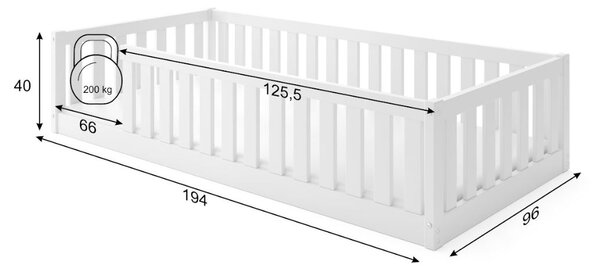 Dětská Montessori postel z masivu borovice BELLA 190x90 cm - bílá