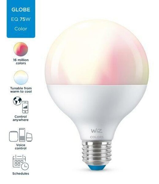 LED Žárovka WiZ Colors Globe 8718699786359 E27 G95 11-75W 1055lm 2200-6500K, RGB 16 mil. barev, stmívatelná