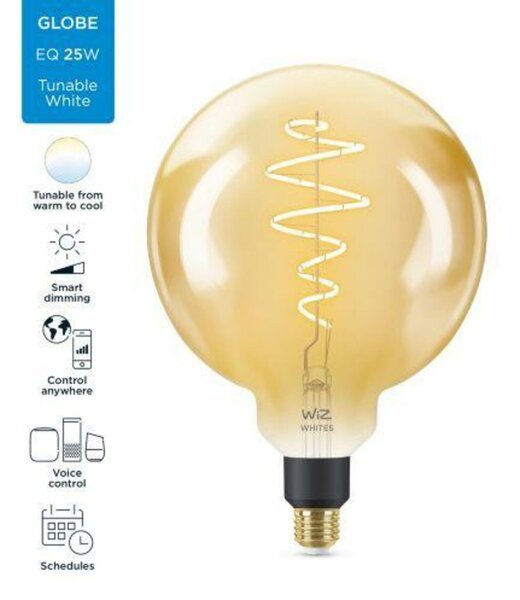 LED Žárovka WiZ Tunable White Filament Amber 8718699786830 E27 G200 6,5-25W 390lm 2000-5000K, stmívatelná