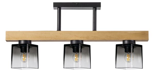 Light for home - Dřevěné přisazené k stropu svítidlo s unikátními skleněnými stínidly "Rustic Radiance" 40603, 3x60W, E27, černá, přírodní buk