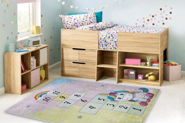 Dětský koberec protiskluzový BAMBINO 54060 Jednorožec, růžový/žlutý
