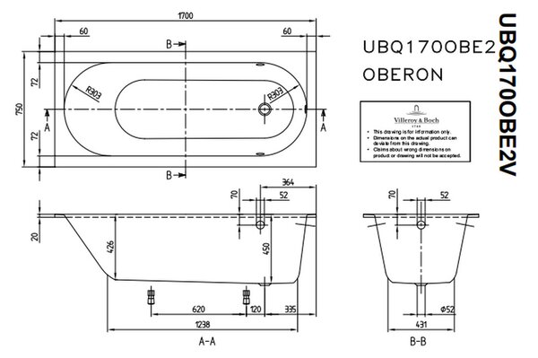 Villeroy & Boch Oberon Solo - Vana 1700x750 mm, alpská bílá UBQ170OBE2V-01