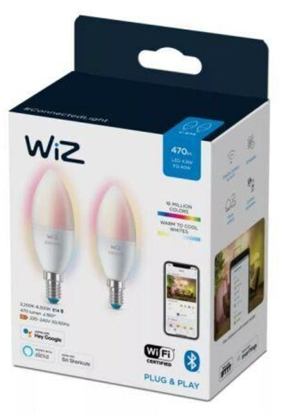 WiZ SET 2x LED žárovka E14 C37 Candle 4,9W (40W) 470lm 2700-6500K RGB IP20, stmívatelná