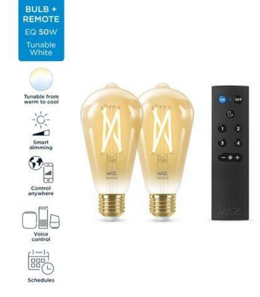 WiZ SET 2x LED žárovka E27 ST64 Filmant amber 6,7W (50W) 640lm 2000-5000K IP20, stmívatelné +ovladač