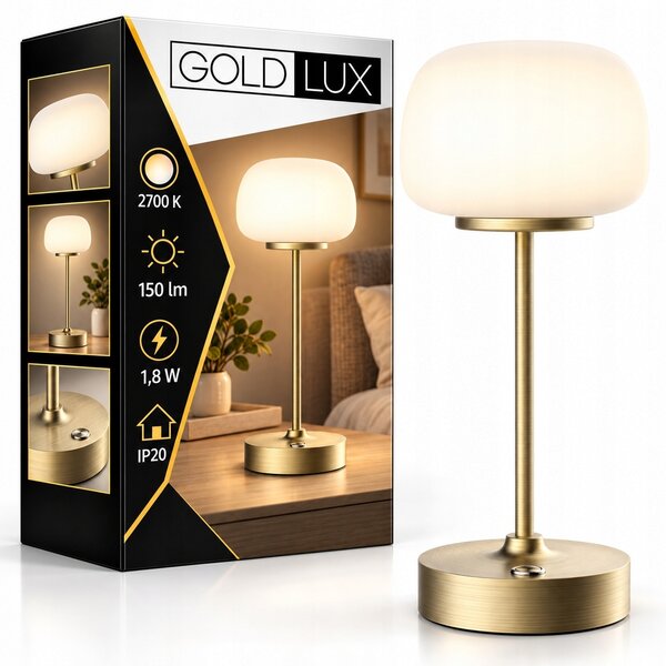 Stolní LED lampa zlatá skleněná bílá akumulátor lampa do ložnice Polux