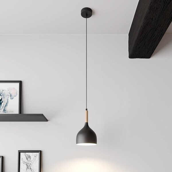 Luminex Závěsné světlo Noak, černé/přírodní dřevo, Ø 17 cm, stmívatelný, Černá, Obývací pokoj / jídelna, kov, Moderní