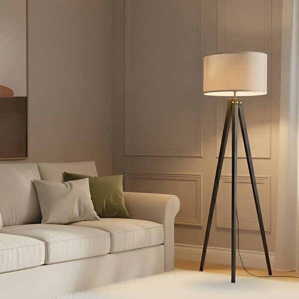 Lindby Stojací lampa Herry, černá, dřevo, trojnožka, 153 cm, Černá, Obývací pokoj / jídelna, Textil / tkanina / hedvábí, Skandinávský