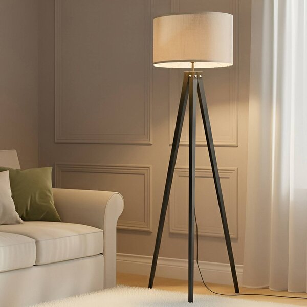 Lindby Stojací lampa Herry, černá, dřevo, trojnožka, 153 cm, Černá, Obývací pokoj / jídelna, Textil / tkanina / hedvábí, Skandinávský
