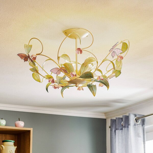 Luminex Stropní světlo BUTTERFLY, krémová/zelená/růžová, nerezová ocel, 5 žárovek, stmívatelný, Obývací pokoj / jídelna, Nerezová ocel, Florentinský