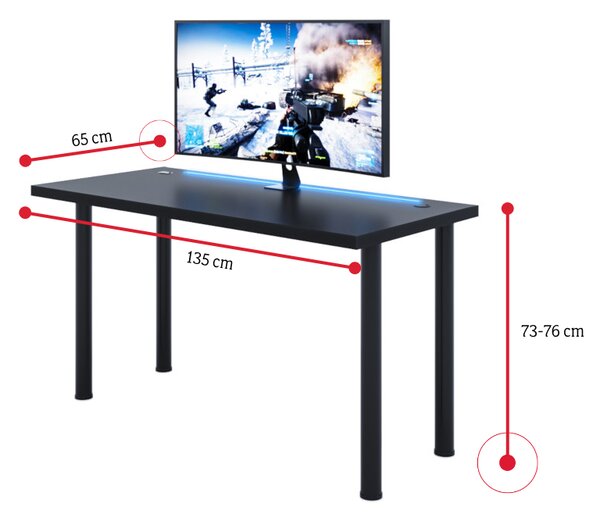 Počítačový herní stůl CODE X2 s LED, 135x73-76x65, černá/černé nohy