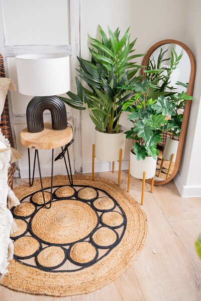 Kulatý koberec v boho stylu, jutový, Ø 90 cm