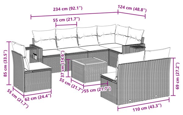 9dílná zahradní sedací souprava s poduškami černá polyratan 3256930