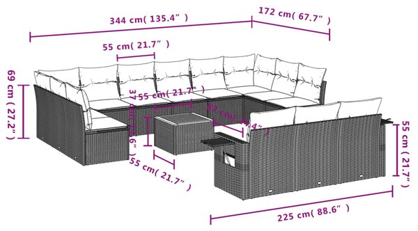 14dílná zahradní sedací souprava s poduškami šedá polyratan 3257138