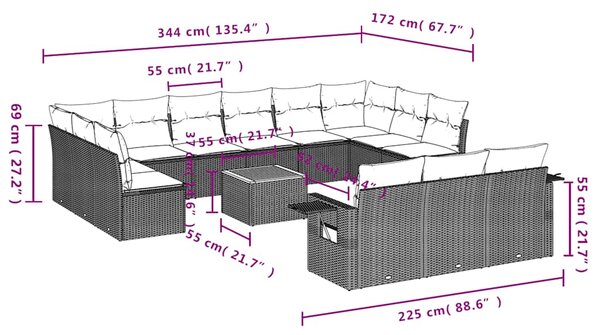 14dílná zahradní sedací souprava s poduškami černá polyratan 3257133