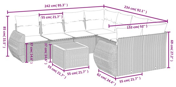 9dílná zahradní sedací souprava s poduškami béžová polyratan 3257262