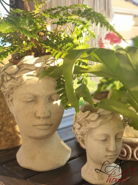 Šedý antik cementový květináč hlava ženy - 18*17,5*25,5 cm