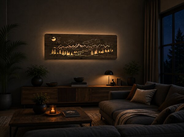 "Hory, les" světelný obraz 230V 120x40cm provedení povrchu: dub světlý