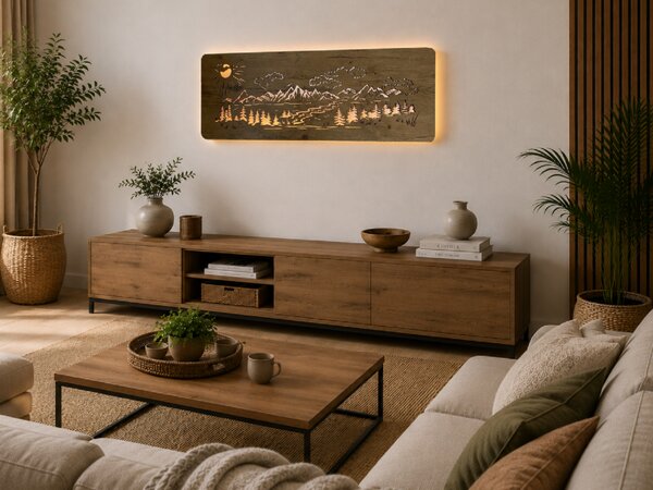 "Hory, les" světelný obraz 230V 120x40cm provedení povrchu: dub světlý