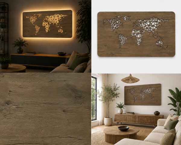 "Mapa světa" světelný obraz 230V 120x60cm provedení povrchu: dub světlý