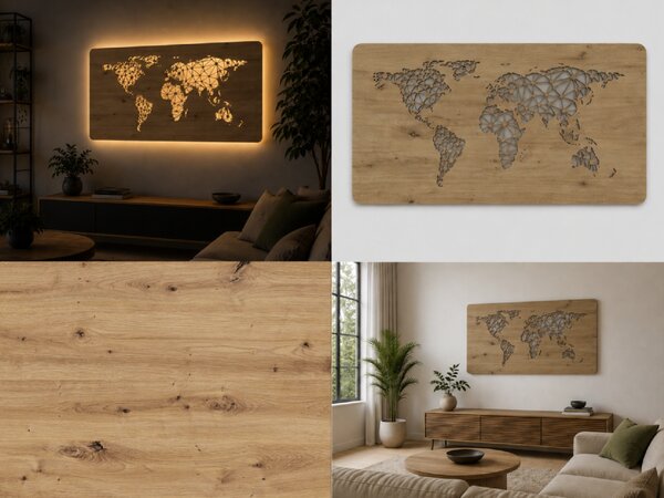 "Mapa světa" světelný obraz 230V 120x60cm provedení povrchu: dub světlý