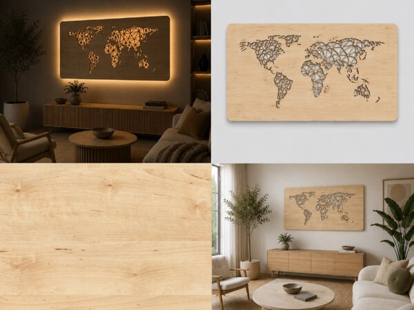 "Mapa světa" světelný obraz 230V 120x60cm provedení povrchu: dub světlý