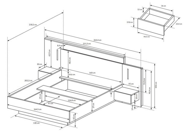 Manželská postel 160 cm s nočními stolky Three (s úložným prostorem) (s osvětlením) (dub craft zlatý + bílá)