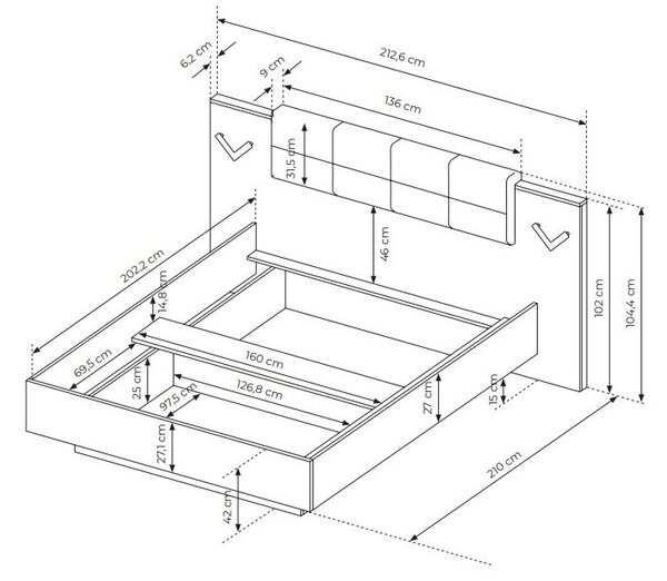 Manželská postel 160 cm Versaccio (s úložným prostorem) (s osvětlením) (bez matrace a roštu) (dub scandi + černá)