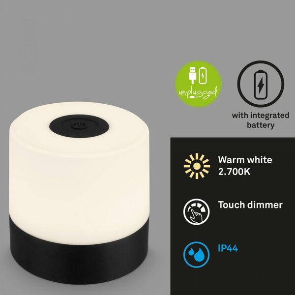 BRILONER LED nabíjecí stolní lampa, 7 cm, 2W, 150lm, černá IP44 BRILO 7461015