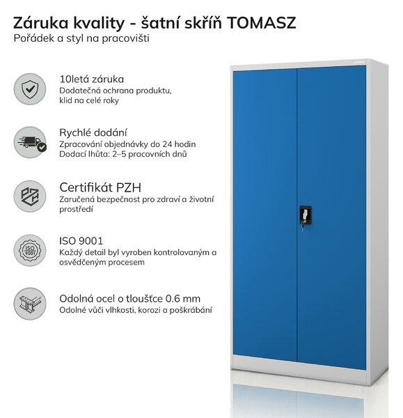 Kovová skříň s uzamykatelnou schránkou šedo-modrá: TOMASZ, 900 x 1850 x 450 mm
