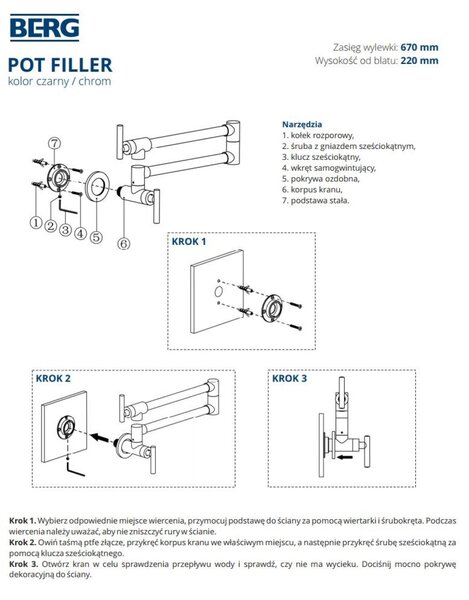 Berg Pot Filler kuchyňská baterie na stěnu černá 830135B