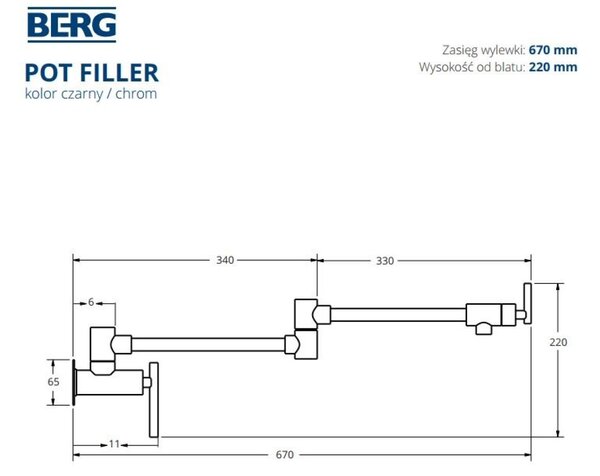 Berg Pot Filler kuchyňská baterie na stěnu černá 830135B