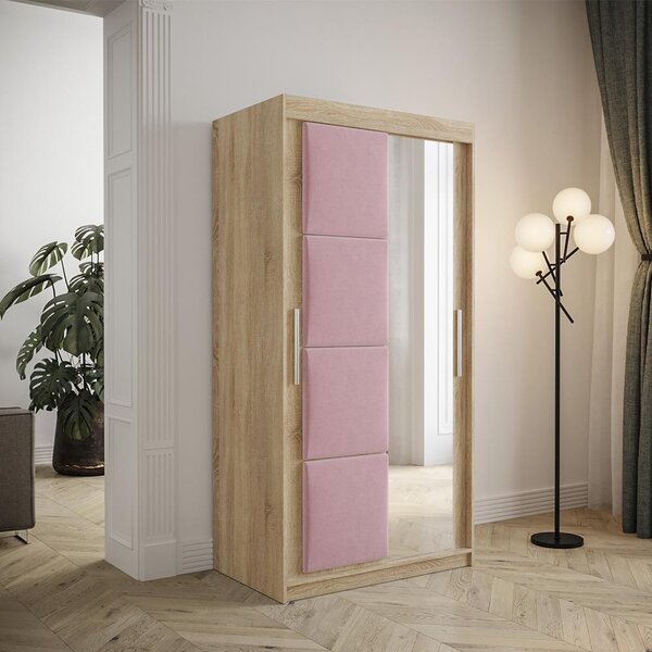 Šatní skříň Tapi 2 | 100 cm | sonoma | růžový čalouněný panel