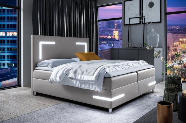 Čalouněná postel s osvětlením KAZIMA - 180x200, šedá + topper ZDARMA