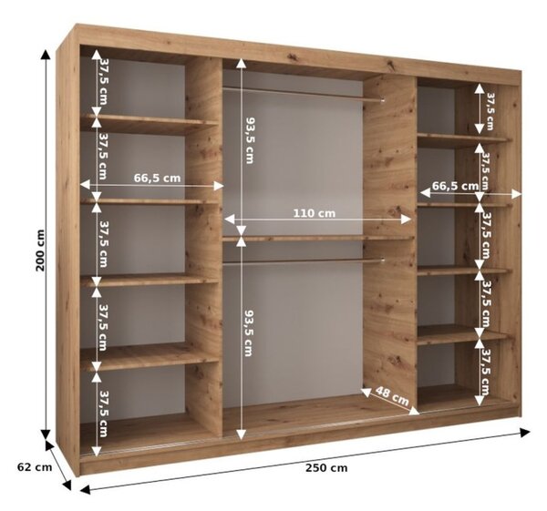 Šatní zrcadlová skříň ADELA - 250 cm, černá / dub sonoma