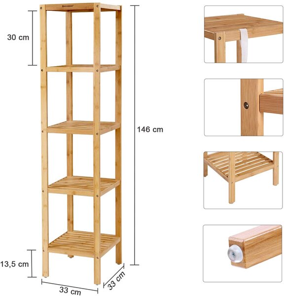 SONGMICS Bambusový regál 5 polic přírodní 33x146 cm