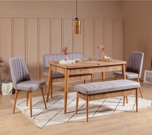 Rozkládací jídelní stůl se 2 židlemi a 2 lavicemi Vlasta (borovice antlantic + šedá). 1072182
