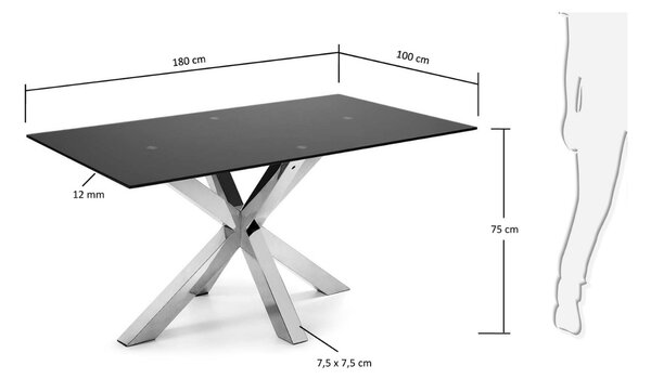 Matně černý skleněný jídelní stůl Kave Home Argo 180 x 100 cm s nerezovou podnoží