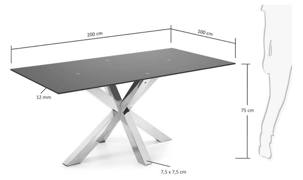 Matně černý skleněný jídelní stůl Kave Home Argo 200 x 100 cm s nerezovou podnoží
