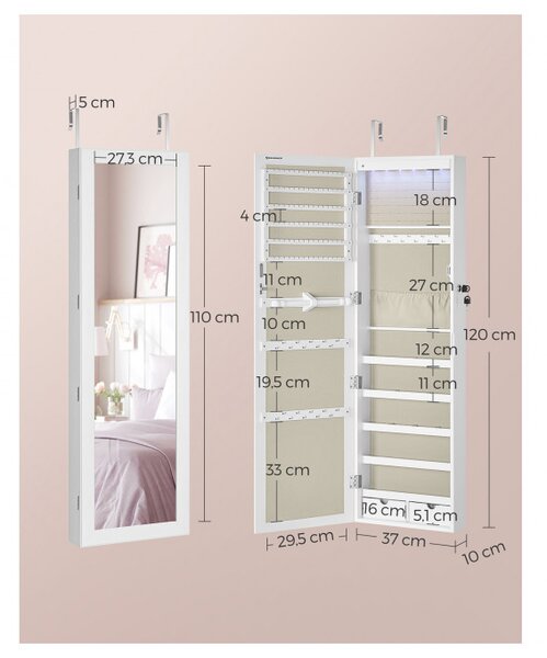 SONGMICS Nástěnná šperkovnice se zrcadlem 37 x 120 x 10 cm bílá