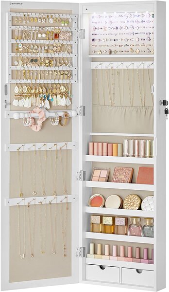 SONGMICS Nástěnná šperkovnice se zrcadlem 37 x 120 x 10 cm bílá